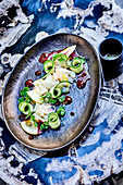 Red porgy ceviche with green and yellow courgettes,shallots and coriander,pepper relish