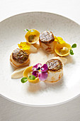 Pan-fried scallops with crisp veal tongue and blood sausage cappelletti,celeriac mash
