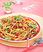 Spaghetti with vegetables and chorizo