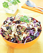 Tagliatelles with aubergines,red onions and black olives