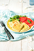 Giant Ricotta And Lemon Raviolis,Sliced Tomatoes And Purslane
