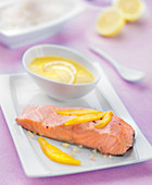 Salmon Steak with Mango and Lemon Hollandaise Sauce