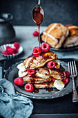 Leftover Hot Cross Buns French Toast With Raspberries, Banana And Melted Chocolate