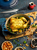 Chicken with onions, shiitake mushrooms, dried fruit and herbs from the casserole