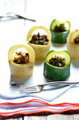 Stuffed vegetable baskets made from potatoes and courgettes