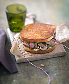Veal kidney and mushroom brioche Croque-monsieur, toasted sandwich