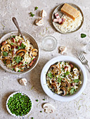Risotto with peas, mushrooms and pancetta
