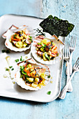 Grilled scallop with leek, pancetta and nori seaweed