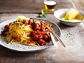 Linguine with Bolognese and Cherry Tomatoes