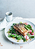 Marinated salmon in miso with beans