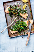 Salmon fillets in a sesame crust with chard on a baking tray