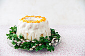 Polish Easter baba with candied orange peel and sugar icing