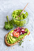 Open sandwich with kale pesto and avocado