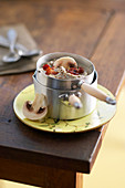 Cream of mushroom soup with bacon cubes