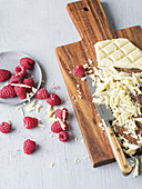 Raspberries and white chocolate as baking ingredients