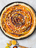 Different coloured carrot and cheese spiral tart