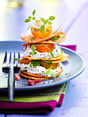 Mille-feuille with cream cheese and yellow tomatoes