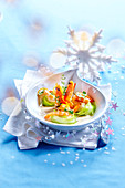 Christmas nage with scallops, prawns and leeks