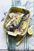 Baked sea bream with fennel, red chervil, onions, thyme and lemons