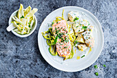 Salmon steak with leek, potatoes and apple endive salad