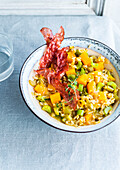 Risotto with pumpkin, celeriac and crispy bacon