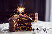 Three-layered vanilla and chocolate marble cake
