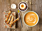 Chestnut and pumpkin soup with an Egg and toast Soldiers