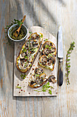 Toasted bread with mushrooms and cream cheese