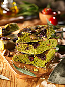 Green focaccia with Kalamata olives