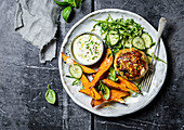 Chicken courgette burger with sweet potato and dip