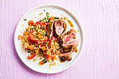 Pork tendons with fried rice and vegetables