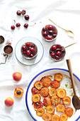 Roasted apricots with pistachios and chocolate soup with cherries