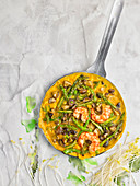 Omelette with asparagus, prawns and mushrooms
