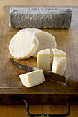 Three types of goat's cheese: Sainte-Maure, Cabecou, Crottin de Chavignol