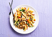 Penne with squash, rabbit, bacon and mushroom