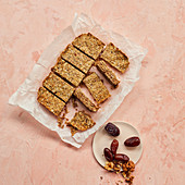 Homemade cereal bars with seeds, dried fruits and nuts