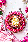 Vanilla, chocolate and strawberry spring Neopolitan cake