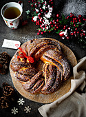 Christmas brioche wreath with chocolate and hazelnuts
