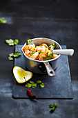 Shrimp cassolette with garlic and chilli pepper