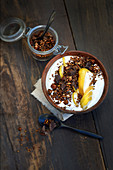 Buckwheat chocolate muesli with dried fruits and pears
