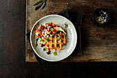 Waffle with chanterelles and peppers