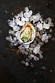 Open oyster on a bed of crushed ice