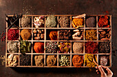 Many different spices in a box