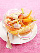 Broth with prawns, carrots, turnips and baby corn