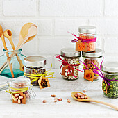 Small jars of dried pulses