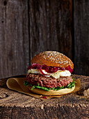 Beef,Camembert cheese and red onion French hamburger