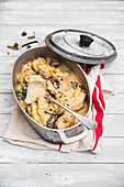 Chicken casserole with creamed morel mushrooms