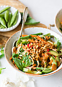Vegetarian noodles with satay sauce,cucumber,carrots and hazelnuts
