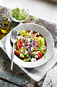 Griechischer Salat mit roten und grünen Tomaten, Gurken und Feta