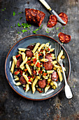 Penne with chorizo,eggplants and peppers
